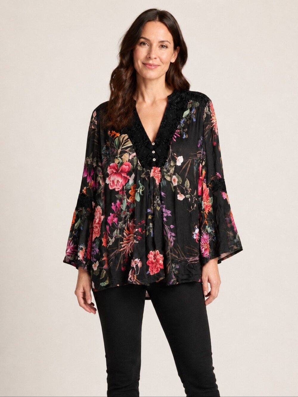 Johnny Was Workshop Black Floral Velvet Boho Blouse Medium
